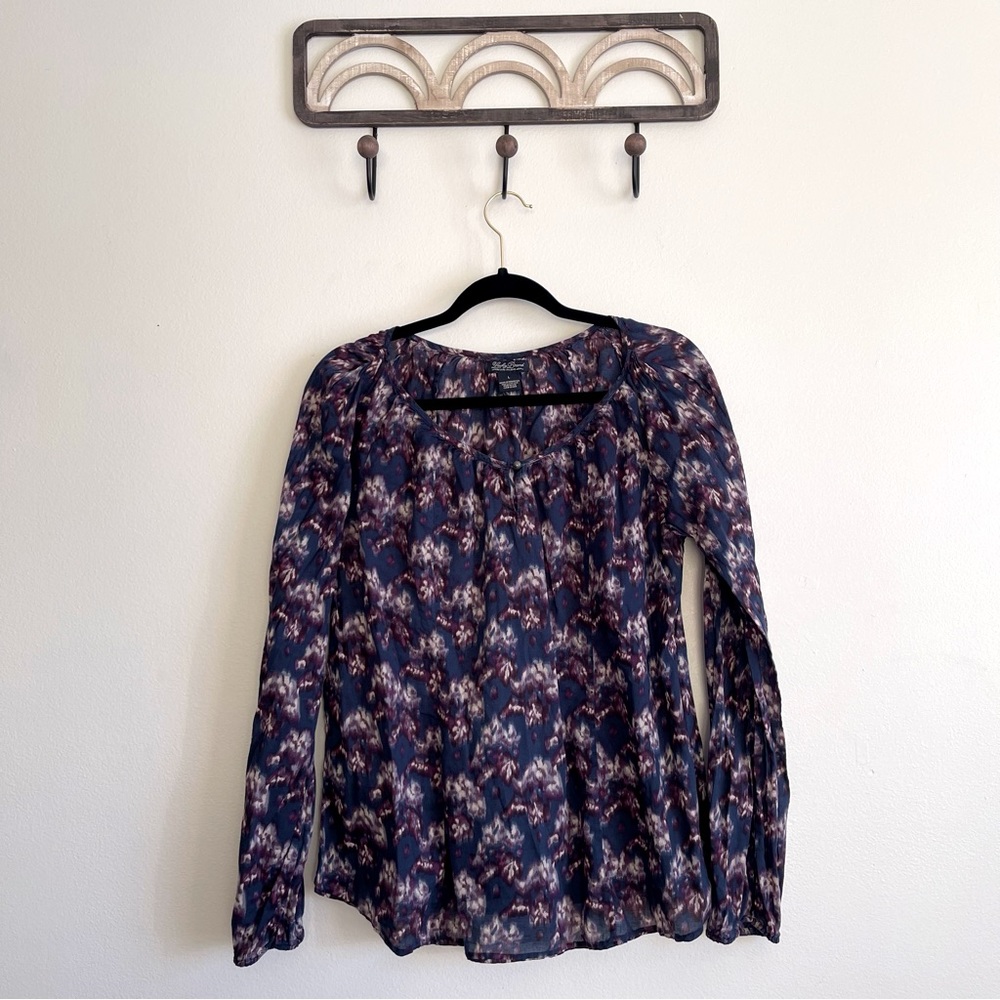 Lucky Brand Women’s Long Sleeve Sheer Blouse Tie Dye Pattern Large Scoop Neck